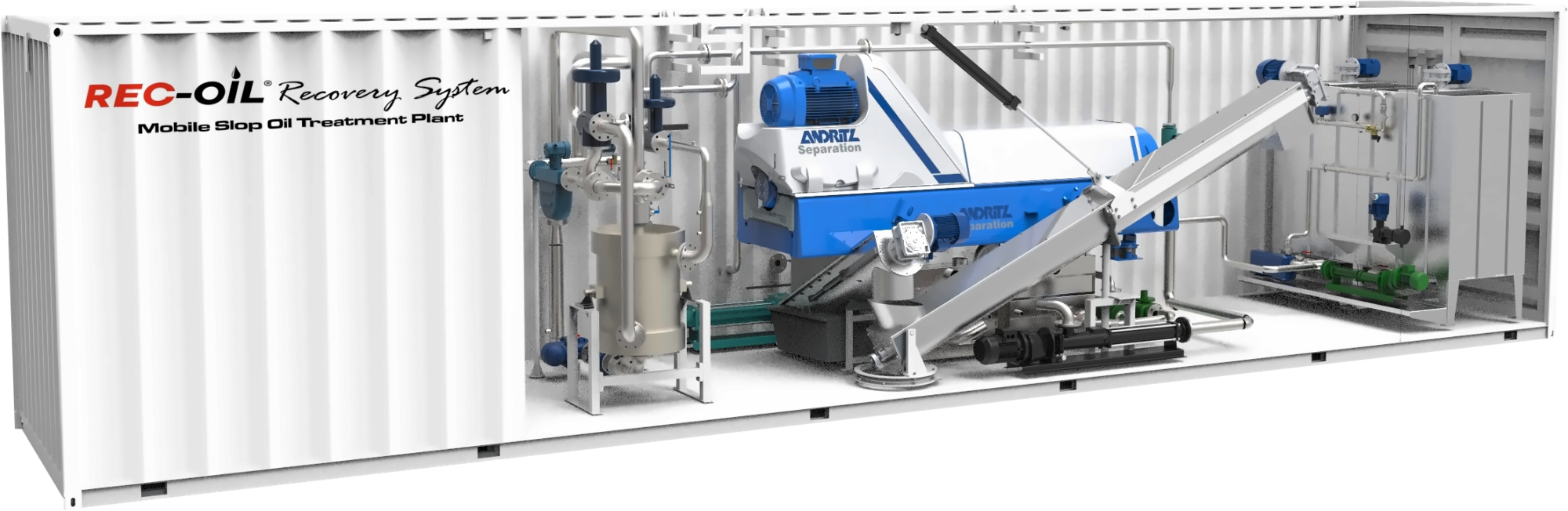 REC-OIL mobile slop oil treatment plant, open container: three-phase Andritz decanter, buffer tank, pumps and control panels on board